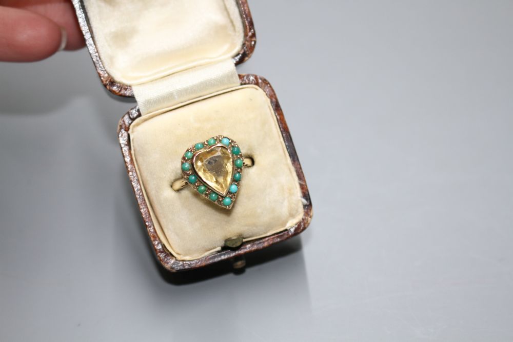 A 1960s 9ct gold, heart shaped citrine and turquoise bead set heart shaped dress ring,